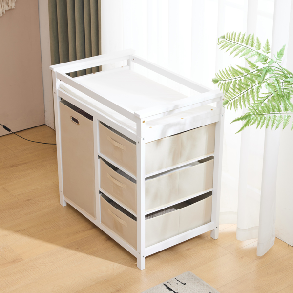 White painted pine wood frame, removable top, 87*53*87.5cm children's wooden bed with 3 fabric drawers + 1 fabric bag, and a changing table-52