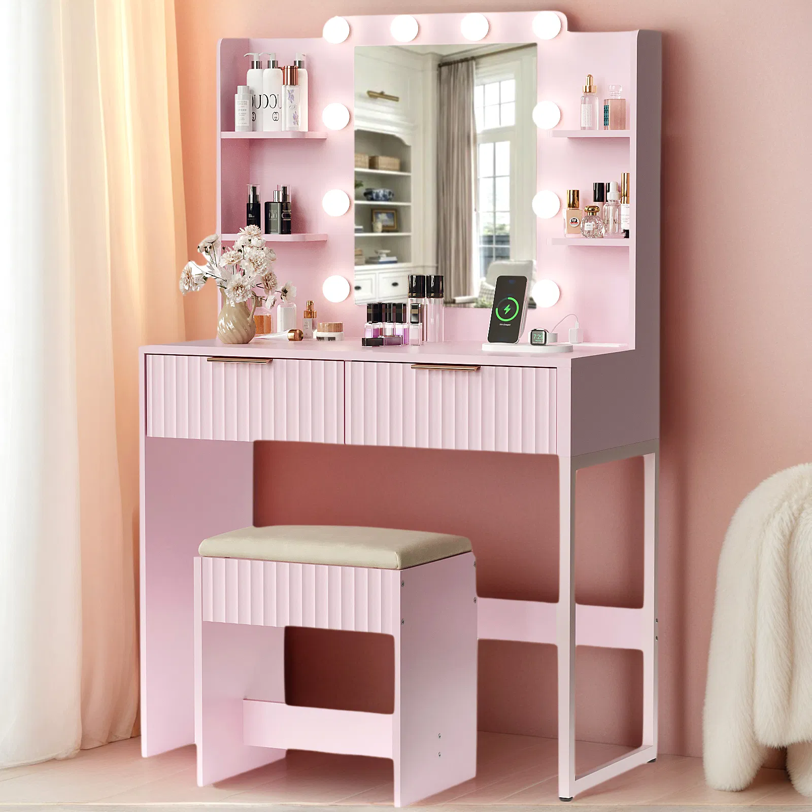 Pink particleboard with a melamine finish, a 2-drawer, 4-shelf dressing table set with 10 three-tone light bulbs, a power strip, and a grille. image 6