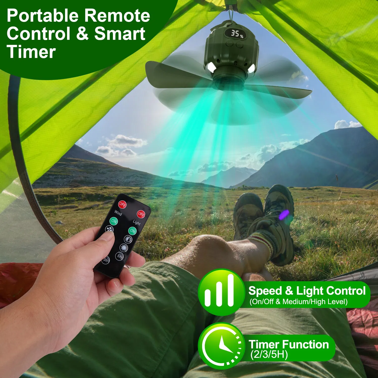 Rechargeable 3-in-1 Camping Fan, LED Lantern Hanging Fan with Large Capacity Battery, USB Power Bank, Low Noise & Timer Function for Outdoor Adventures image 3