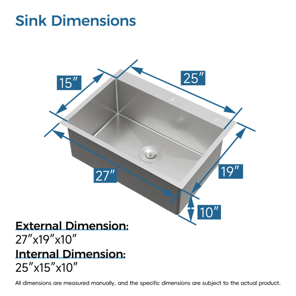 Kitchen Sink, 27″x19″ Single Bowl, Overmount Handmade Sink in Dark Gray, with US Standard Drain and Hook[Unable to ship on weekends,usps/fedex]-18