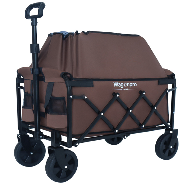 Expandable Dual-Layer Utility Wagon with 100% Extra Space - Grocery Cart for Camping, Shopping, Sports, Gardening, Fishing, Supports 225lbs, Brown -50