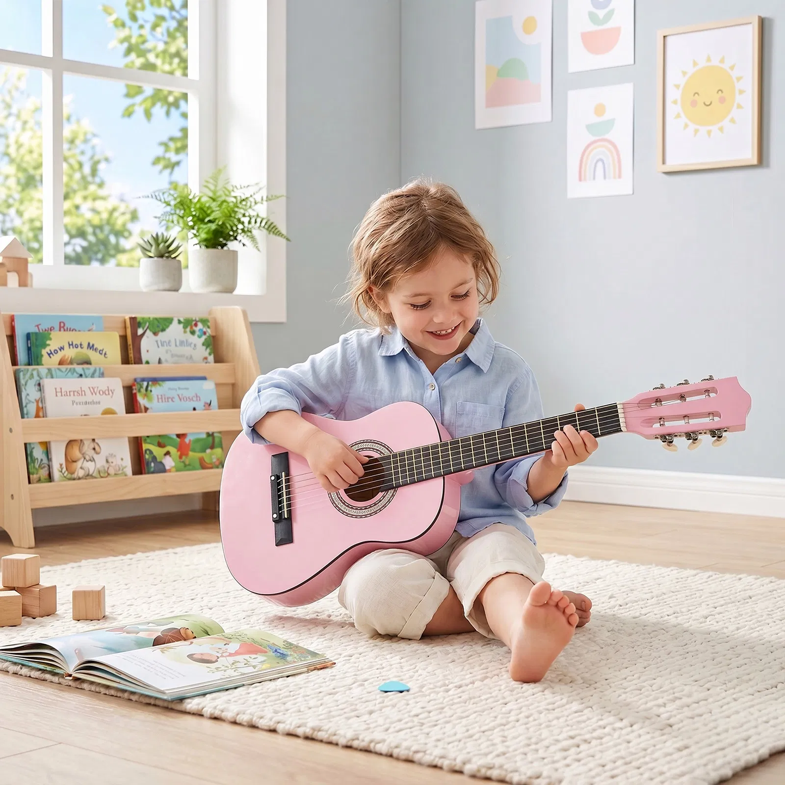 Light pink 30-inch Round Acoustic Guitar with Picks, Strings, Capo, Case, Tuner, and Strap image 11