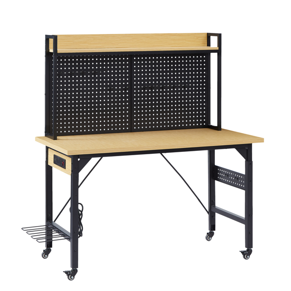 48''Adjustable Workbench with pegboard, Heavy Duty Wooden Desktop Workbench with Wheels, 1600 lb. Load Capacity, Rolling Workbench with AC/USB Outlet, Hooks, Shelf, for Garage, Workshop, Office, Home.-47