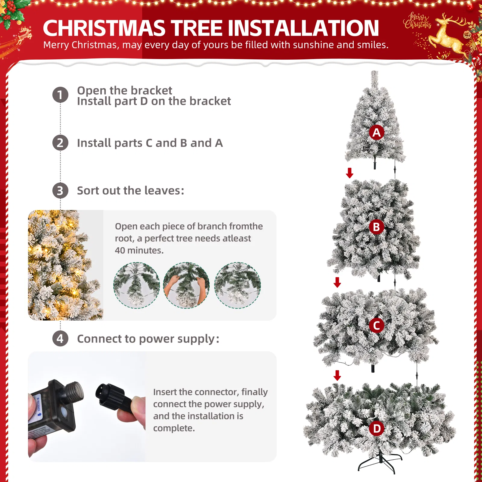8 FT Pre-lit Snow Flocked Christmas Tree, Artificial Hinged Xmas Pine Tree with 1300 Branch Tips, 500… image 8