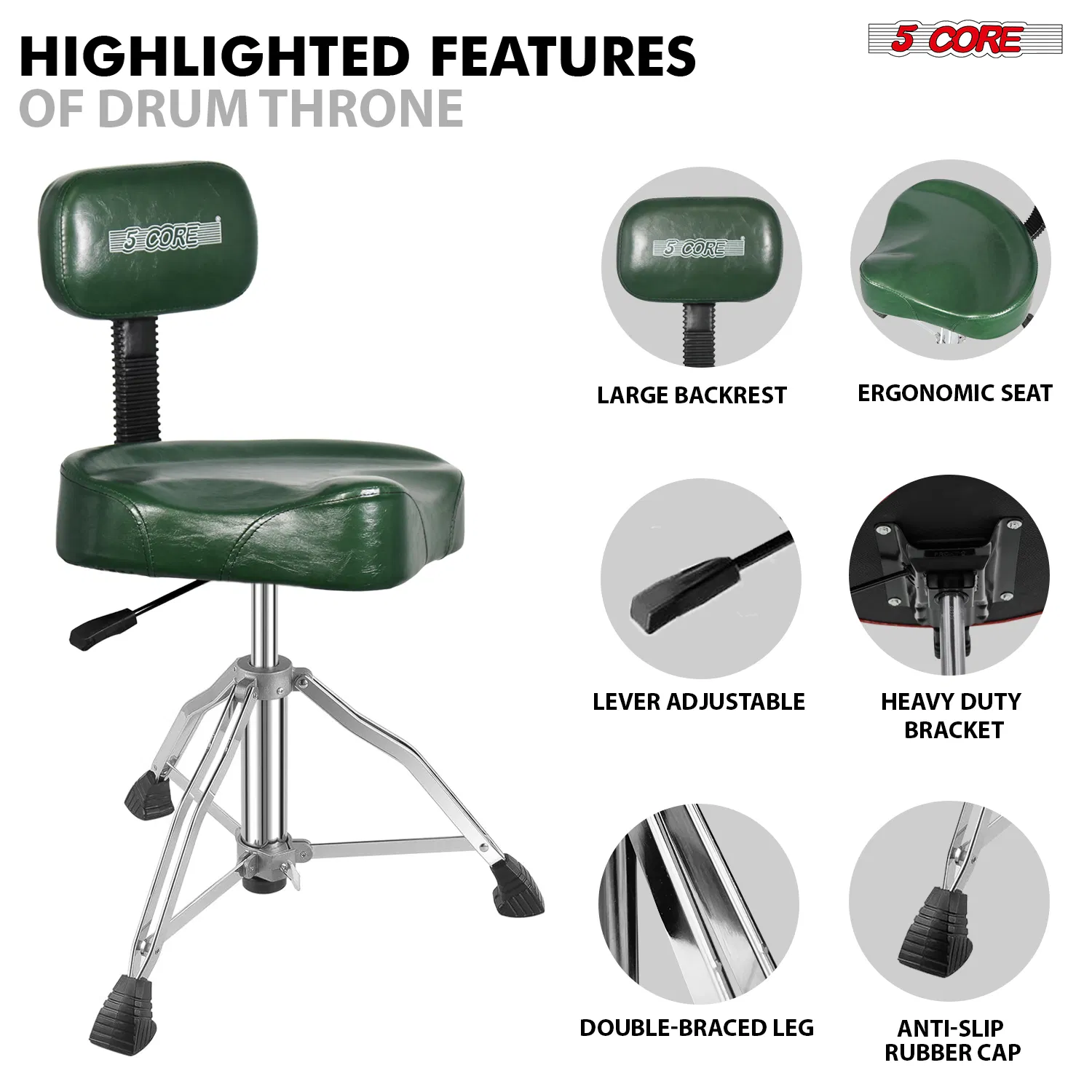 5Core Drum Throne 4" Cushion Padded Stool w Backrest Airlift Height Adjustable Chair w 441Lb Capcity image 10