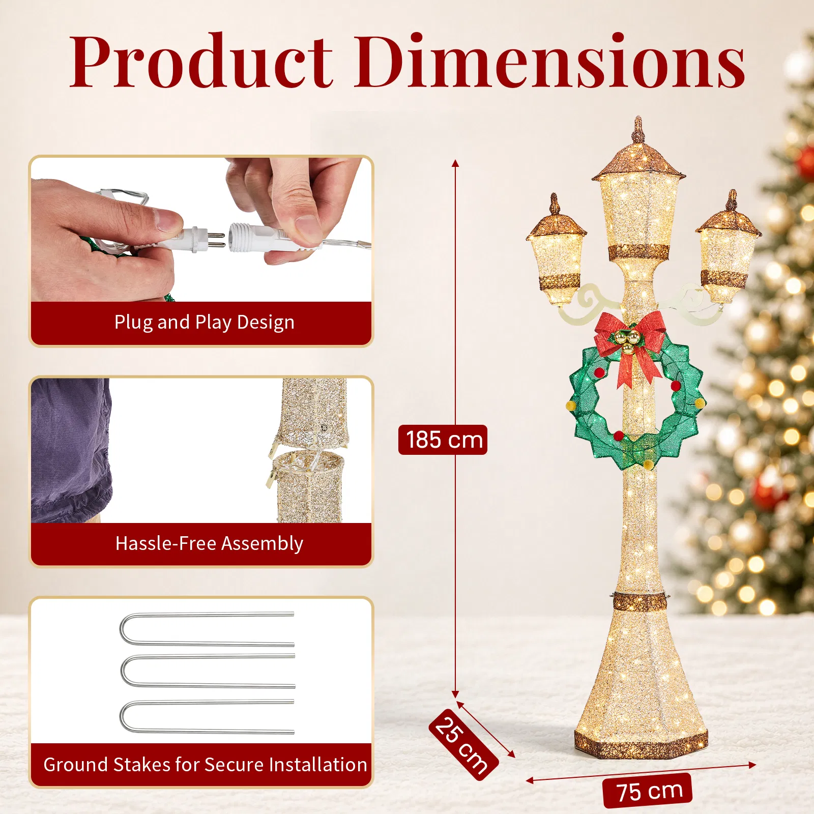 6FT Gold 3-Head Street Lamp with Wreath, 210 Warm White LEDs, Christmas Light Post, US Plug image 13