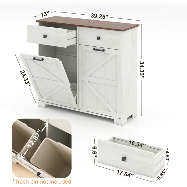 Farmhouse Double Tilt Out Trash Cabinet for 20 Gallon Trash Cans, Free Standing Recycling Cabinet with Hideaway Drawer, Barn Door Style Laundry Sorter Cabinet, Tilt Out Trash Cabinet for Kitchen-22