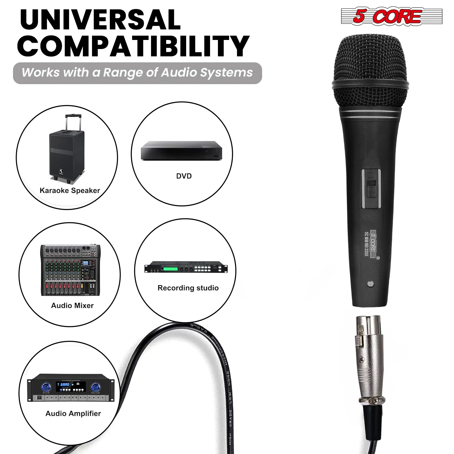 5 CORE Professional Dynamic Vocal Microphone Neodymium Cardioid Unidirectional Handheld Mic for Singing Karaoke Steel Mesh Grille Metal Body With ON Off Switch + 16ft Detachable Cable + Clip + Bag image 11