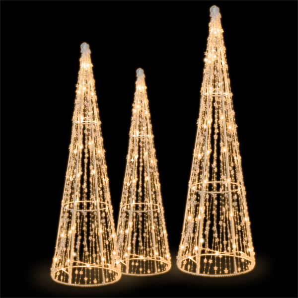3-Piece Pre-Lit Christmas Cone Trees - 90 Warm White LEDs+Star Beaded Strings, Waterproof, 32