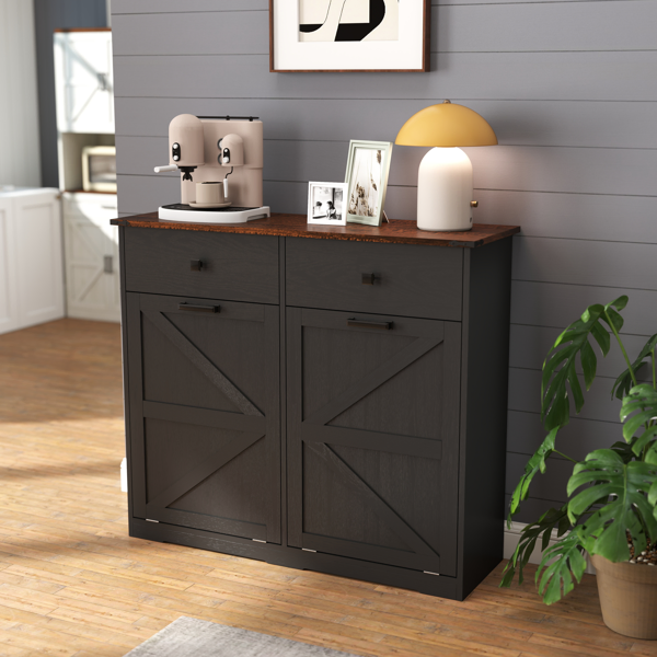 Farmhouse Black Double Tilt Out Trash Cabinet for 20 Gallon Trash Cans, Free Standing Recycling Cabinet with Hideaway Drawer, Barn Door Style Laundry Sorter Cabinet, Tilt Out Trash Cabinet for Kitchen-33