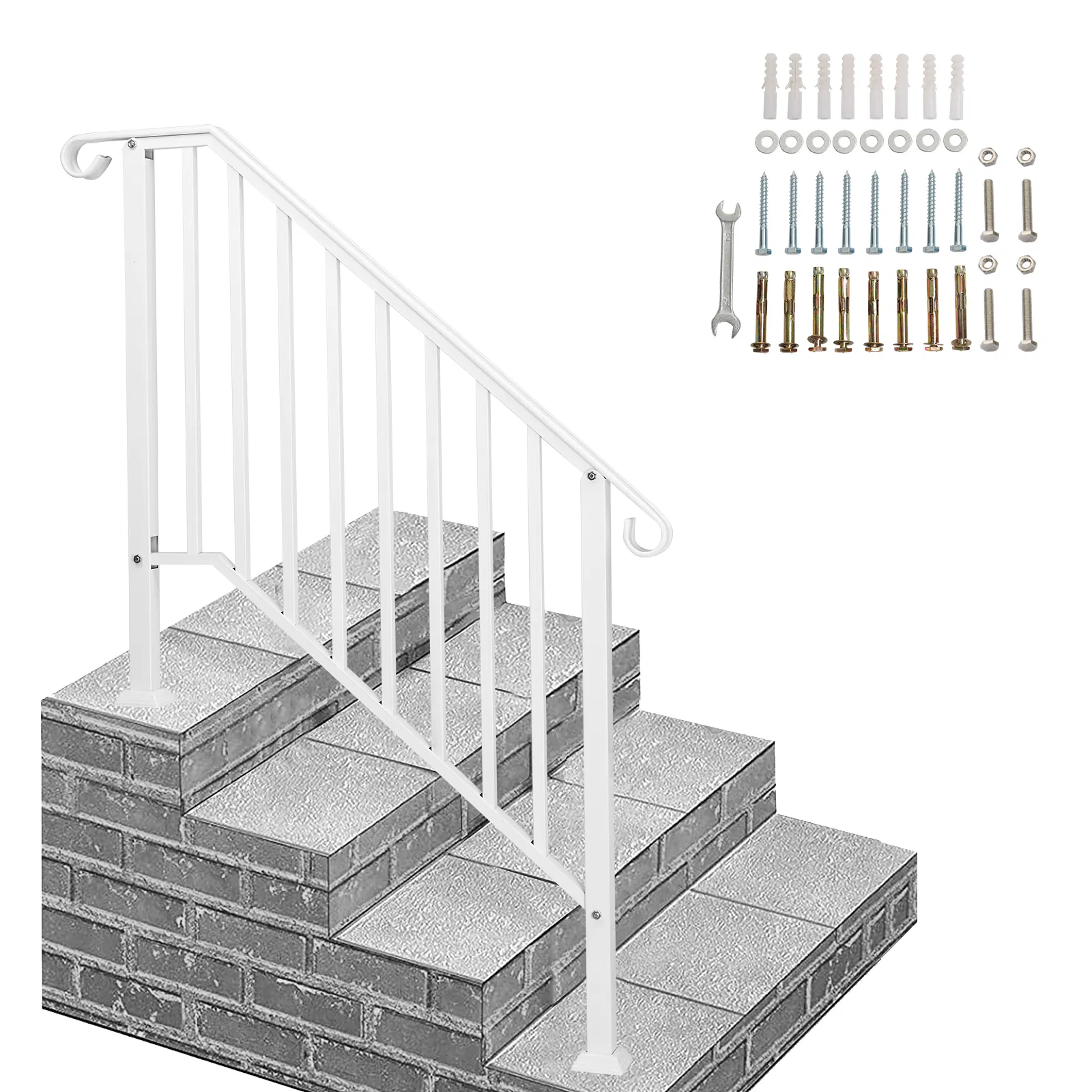 Handrails for Outdoor Steps, Iron Handrail Fits 3 Step, Transitional Handrail with Installation Kit, White image 5
