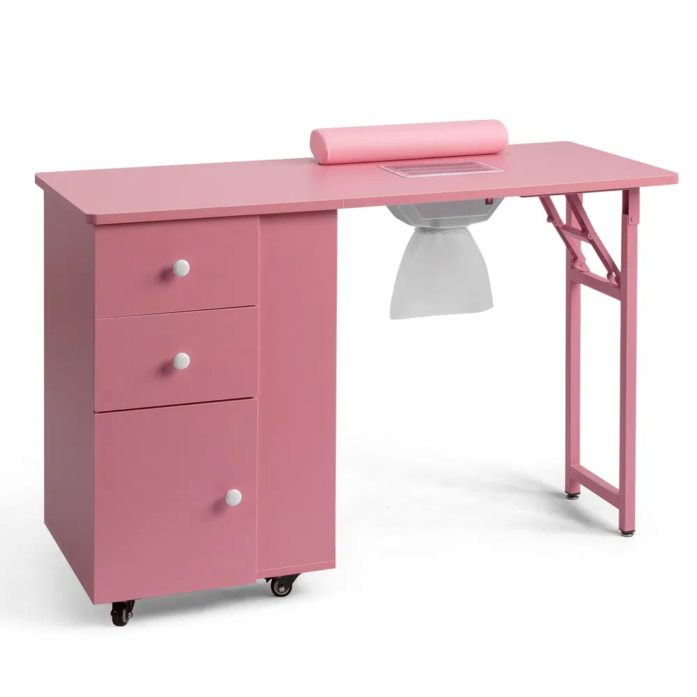 Nail Desk Folding Table, Pink MDF Manicure Station w/ 2 Drawers & 1 Door Cabinet for Nail Art Salon Home…