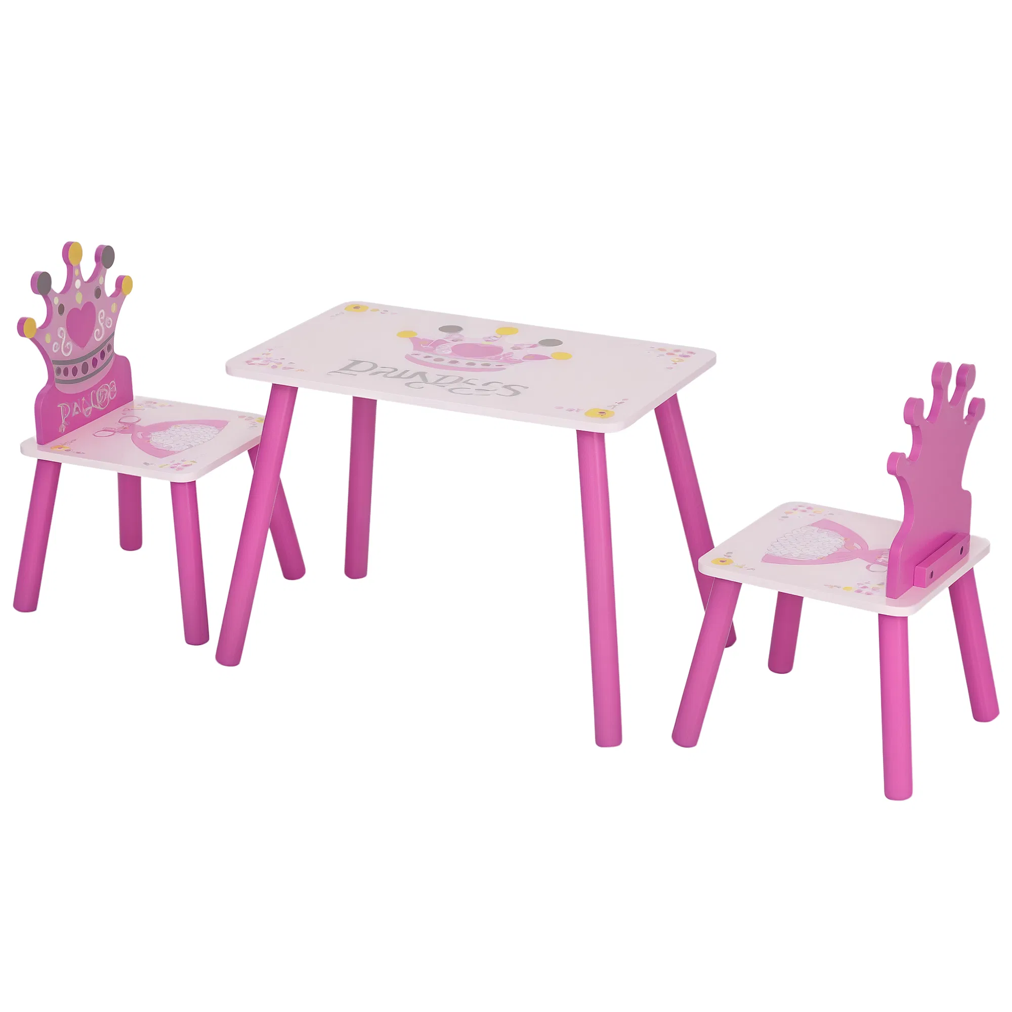 3-Piece Set Kids Wooden Table Chair with Crown Pattern Easy to Clean Gift for Girls Toddlers Age 2-4 Years Old Pink