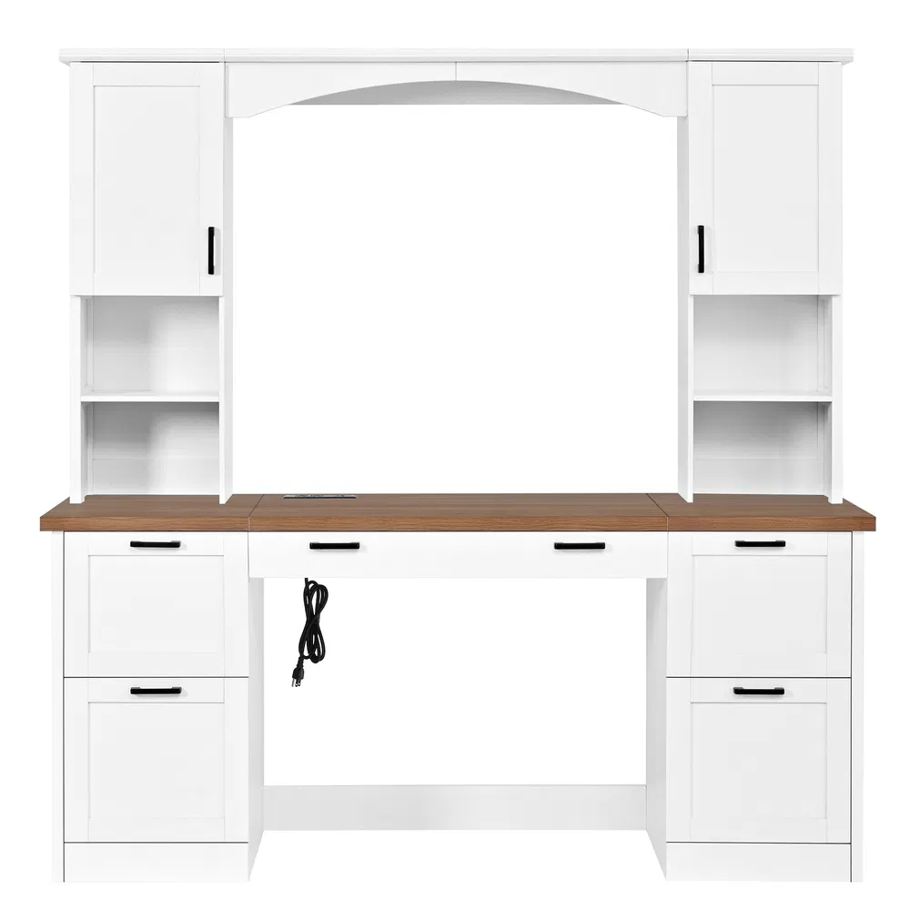 Farmhouse Arched Computer Desk with Hutch, Mid-Century Walnut Home Office Workstation with Charging Station & Keyboard Tray, All-in-One Writing Desk with File Drawer for Study, Off