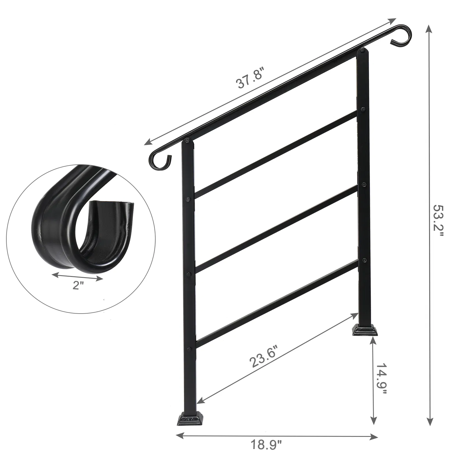 Handrails for Outdoor Steps, Wrought Iron Handrail Fits 1 or 3 Steps, Transitional Handrail with… image 2