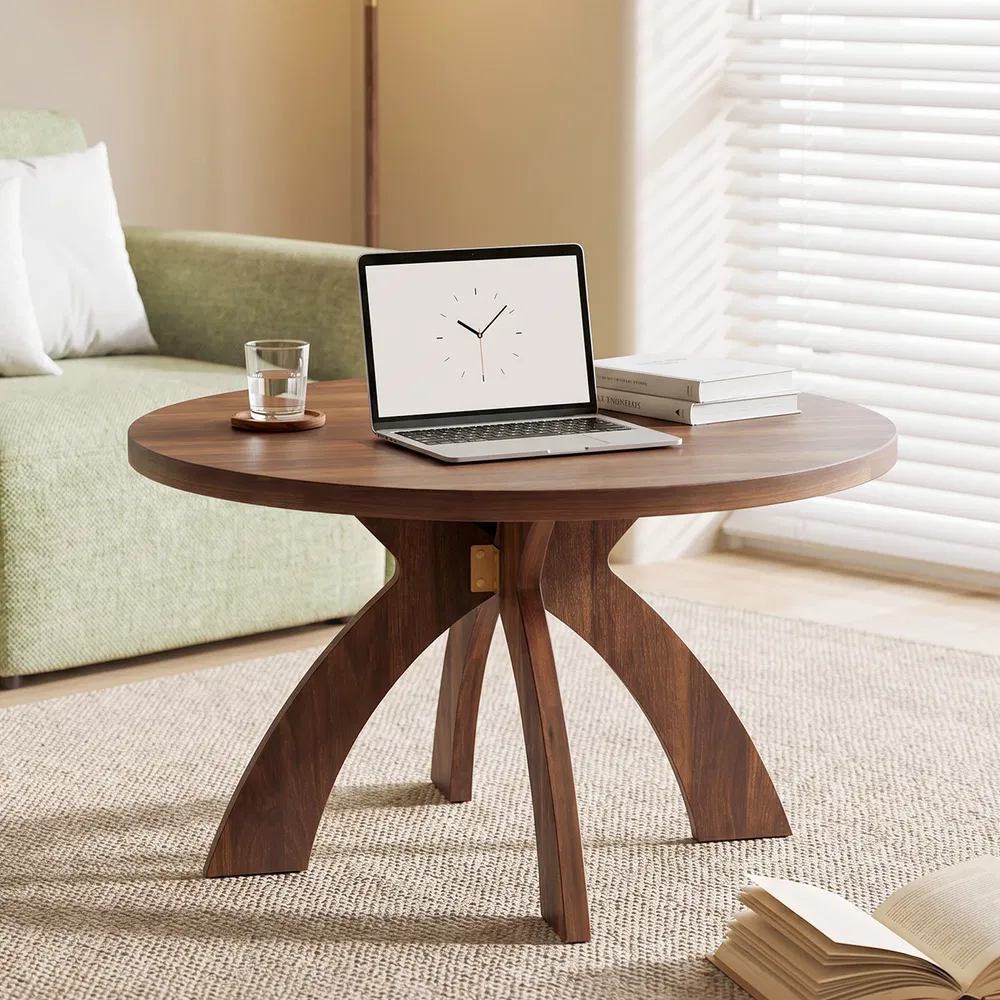 Round Coffee Table, 31.5 Inch Walnut Finish MDF Coffee Table with Curved Cross Legs, Modern Minimalist…