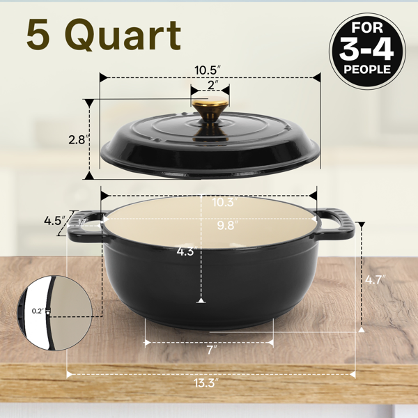 Cast iron 5QT cooking pot - Pure black - includes two silicone gloves - Enamel pot-18