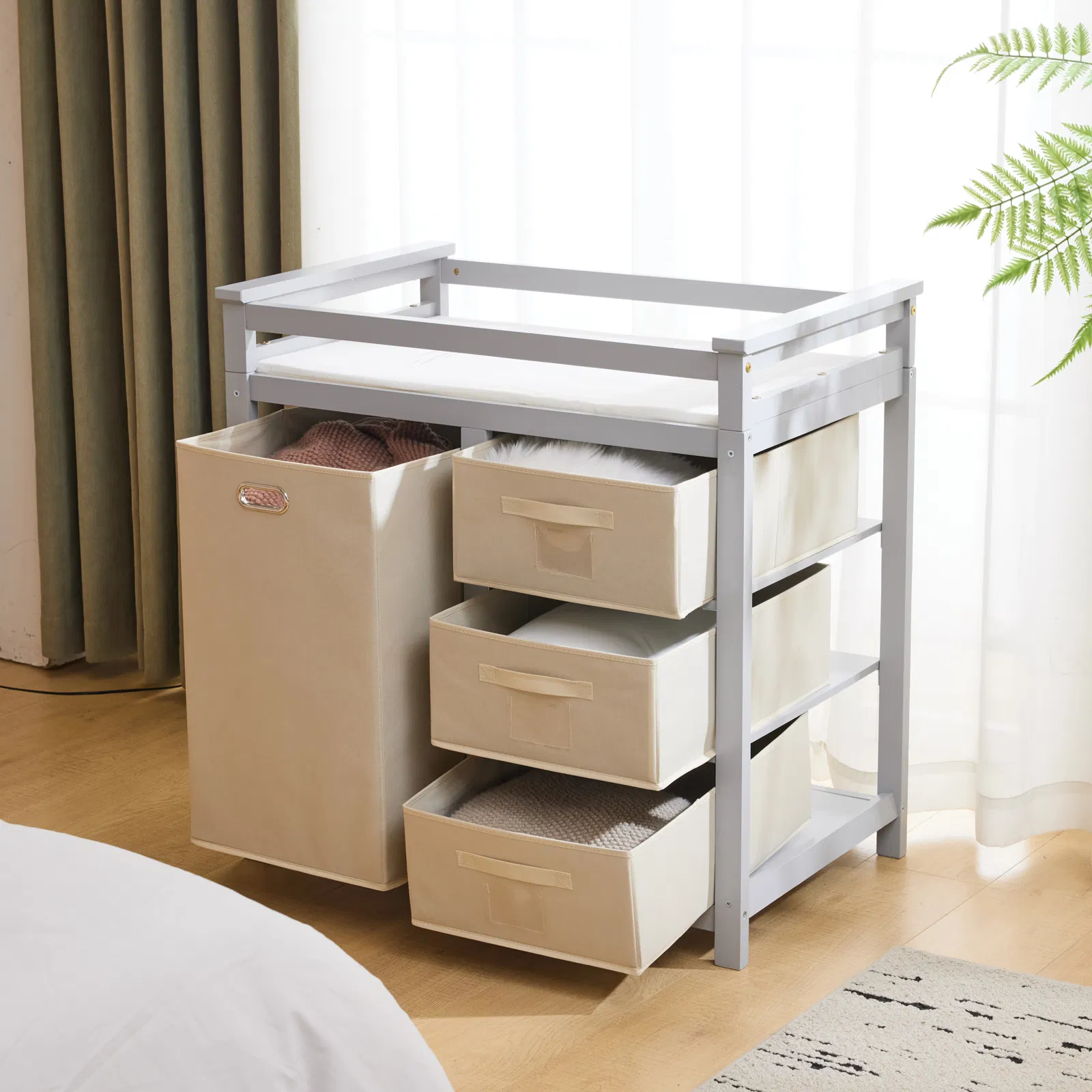 Gray painted pine wood frame children's bed with removable top, 87*53*87.5cm, includes 3 fabric drawers… image 20
