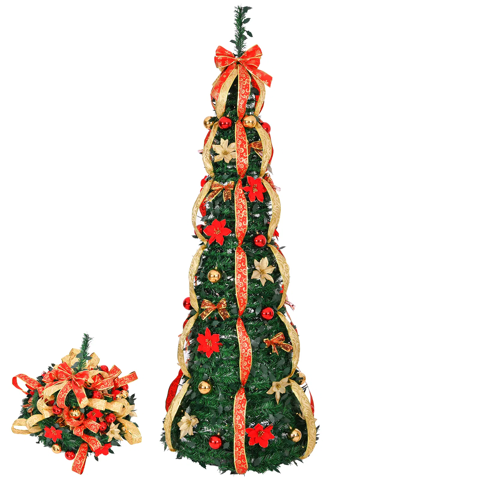 6 FT Fully Decorated Pre-lit Christmas Tree, Pop Up Artificial Xmas Tree with 150 Warm Lights Battery Operated and Red & Golden Ornaments for Home Office Store Holiday Deco image 10