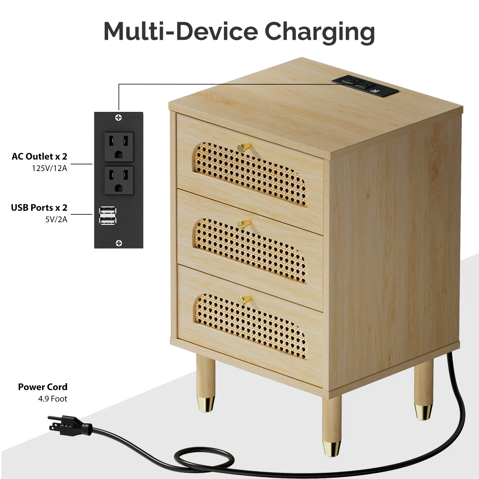3-Drawer Nightstand with Rattan-Style Finish 15.75"*13.78"*23.82" with Power Outlet Oak image 8