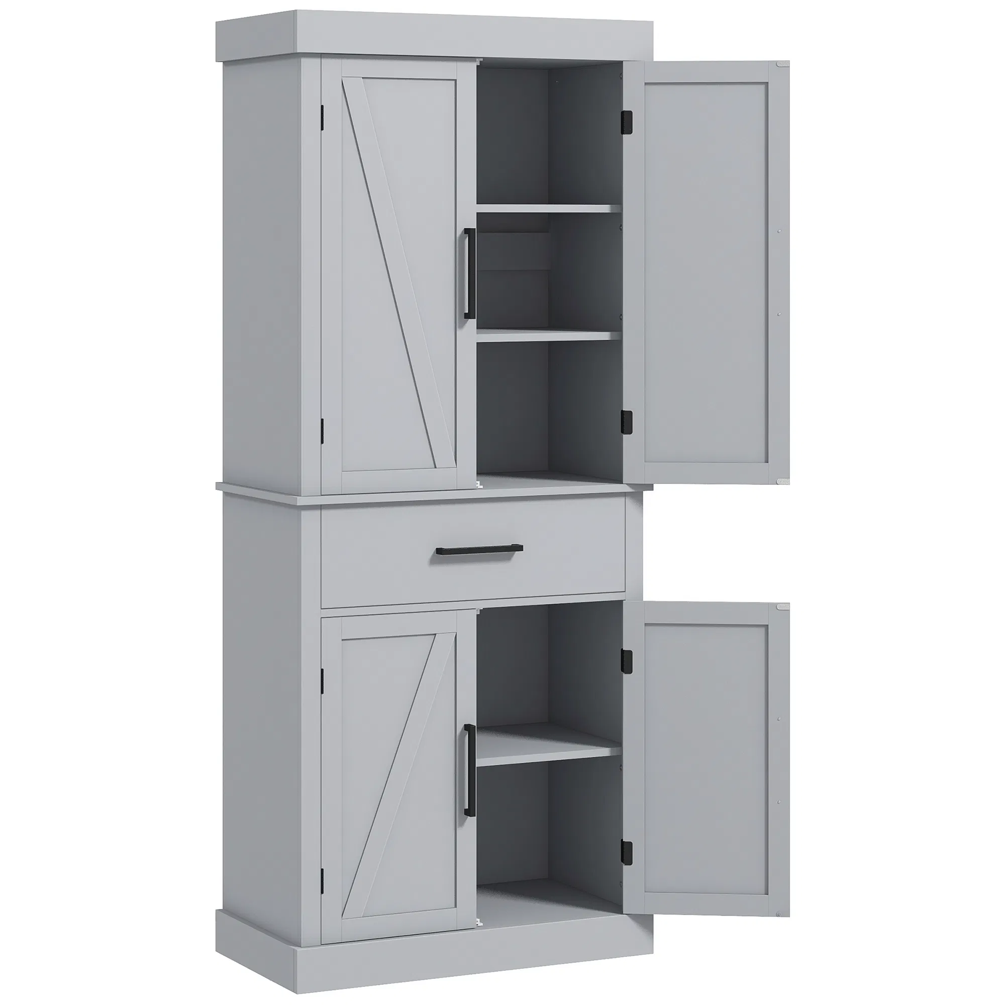 72" Kitchen Storage Cabinet, Farmhouse Kitchen Pantry Cabinet with 4 Barn Doors, Drawer, Adjustable Shelves, Grey