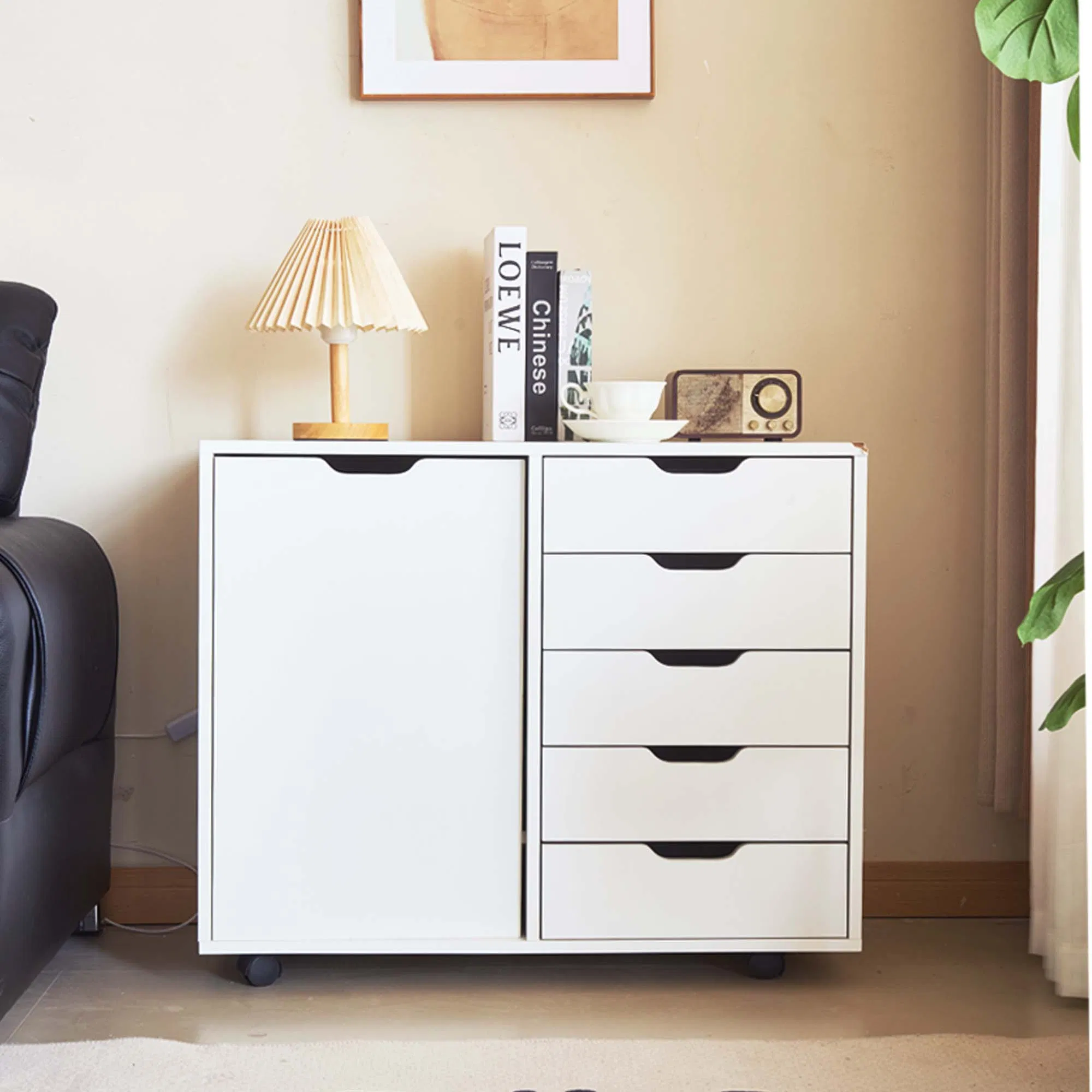 5-Drawer Wood Drawer Cabinet, Office Storage Cabinet with Adjustable Shelf & Wheels, Printer Stand for Home Office, White
