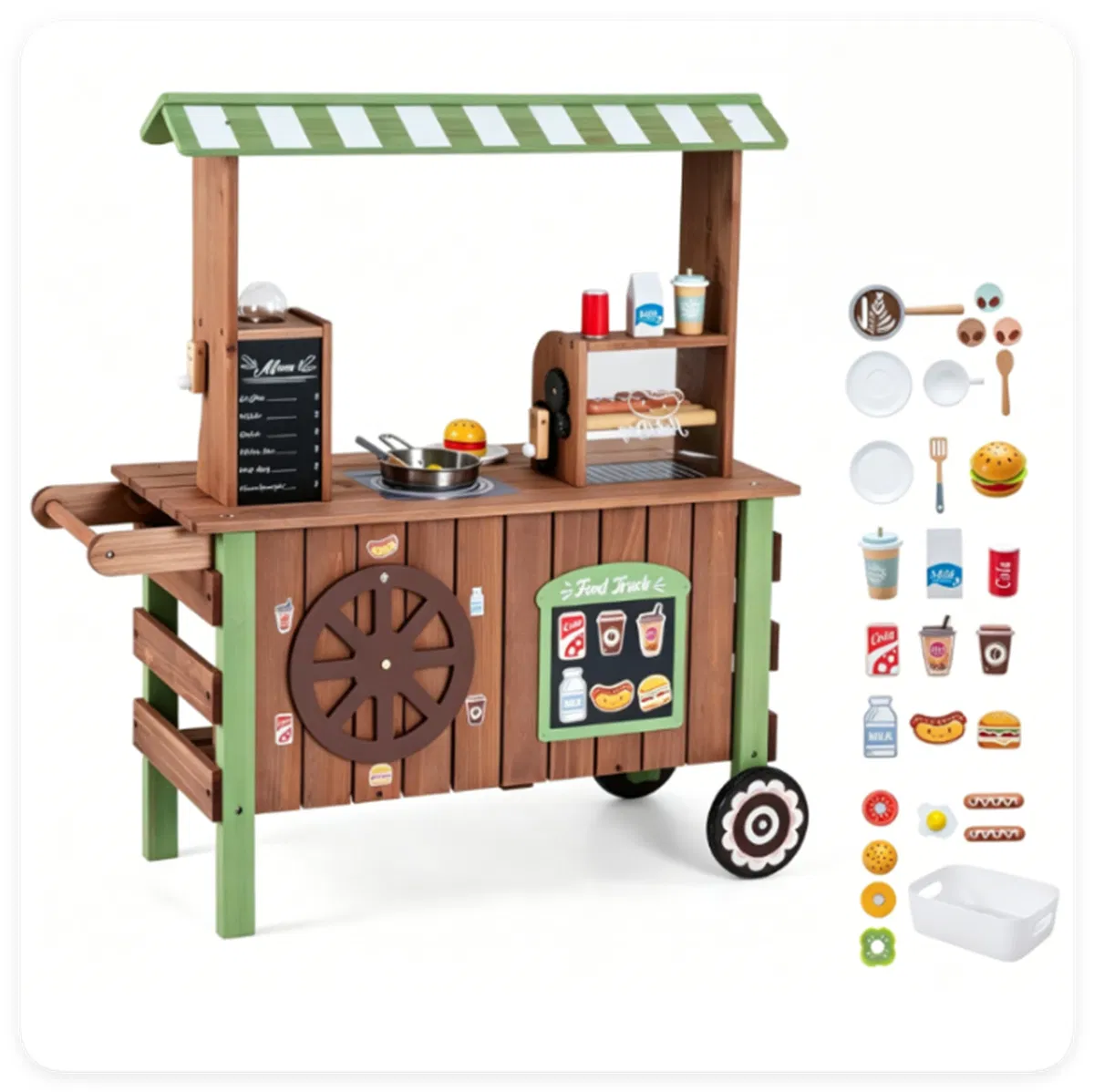 Toddler Wooden Play Food Truck Cart on Wheels, All-in-One Grocery Stand with Storage Cabinet Box, Realistic Kitchen Pretend Play Set for Social Skill & Fine Motor Development Ages 