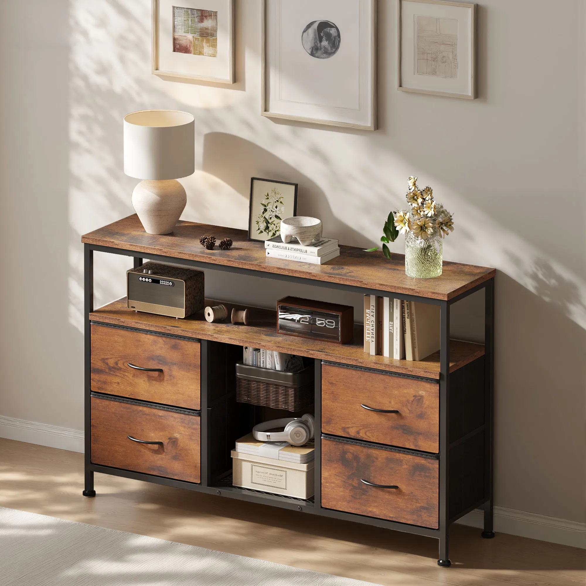 TV stand, 4 drawers, with LED lights and power sockets, 50-inch TV living room furniture, with open shelves and adjustable feet image 6