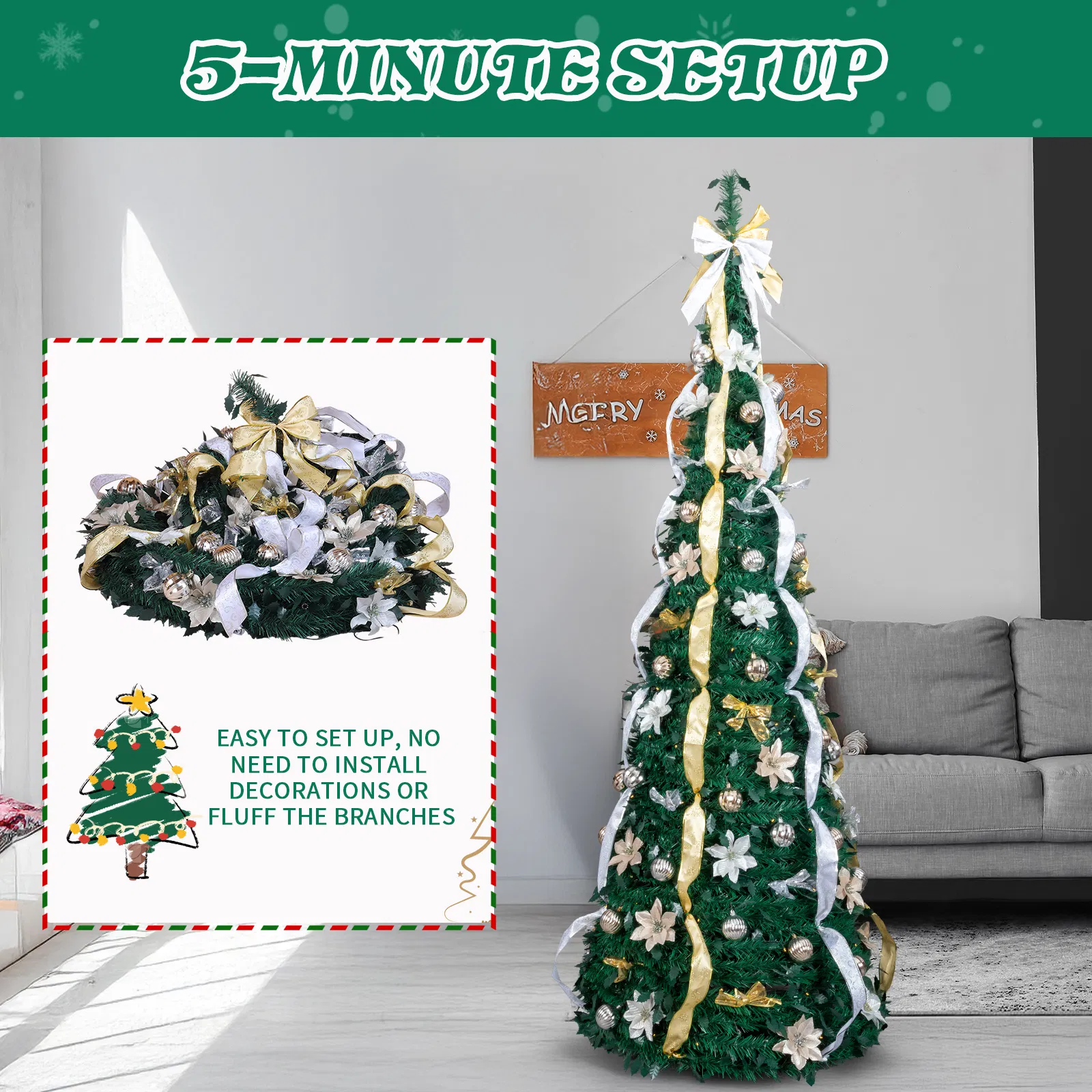 7 FT Fully Decorated Pre-lit Christmas Tree, Pop Up Artificial Xmas Tree with 200 Warm Lights Remote… image 2