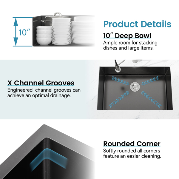 Kitchen Sink, 27″x19″ Single Bowl, Undermount Handmade Sink in Black, with US Standard Drain and Hook[Unable to ship on weekends,usps/fedex]-18