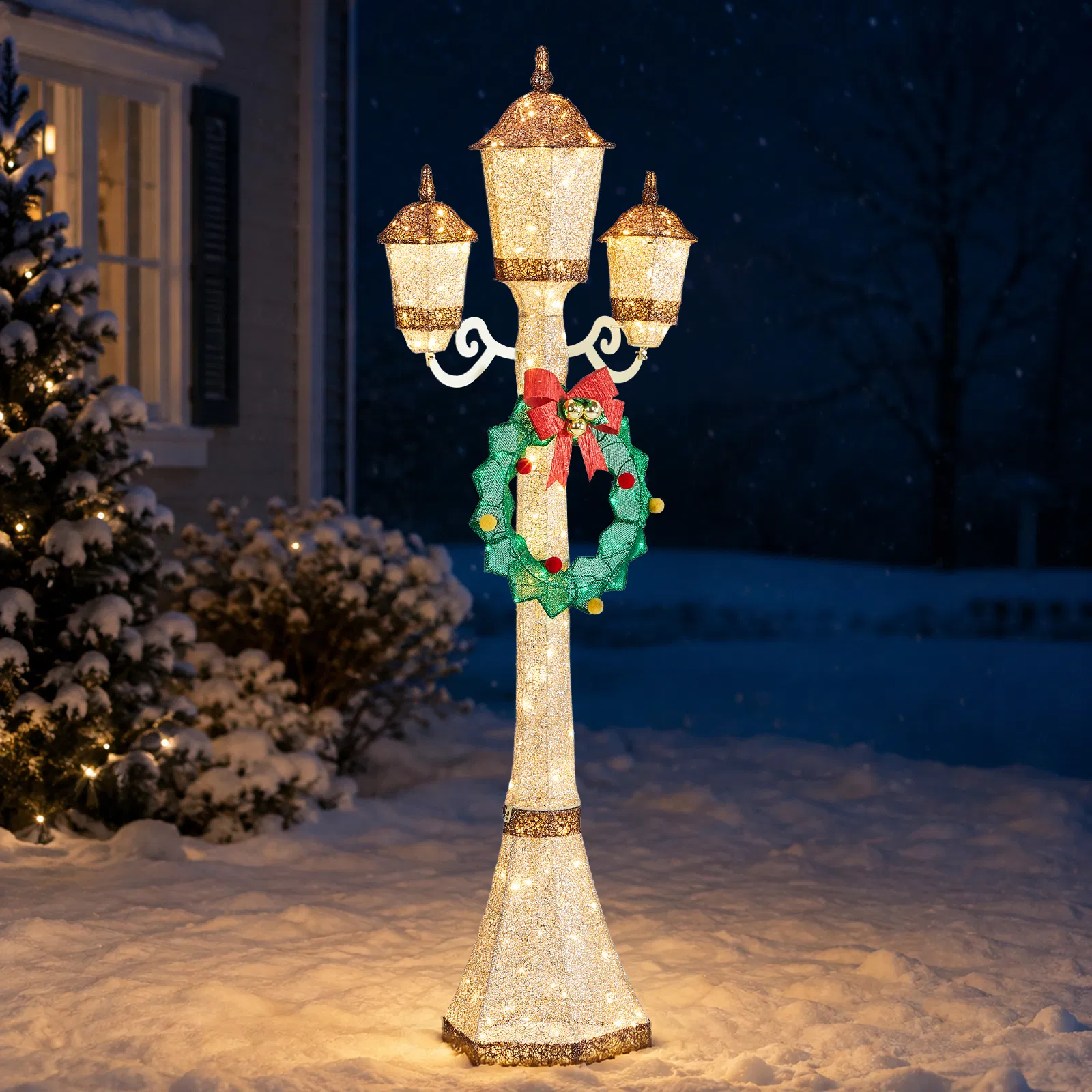 6FT Gold 3-Head Street Lamp with Wreath, 210 Warm White LEDs, Christmas Light Post, US Plug image 11