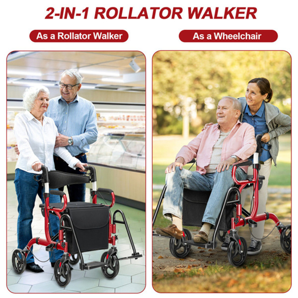 2-in-1 Rolling Walker & Wheelchair : 6-Position Height Adjustment (34