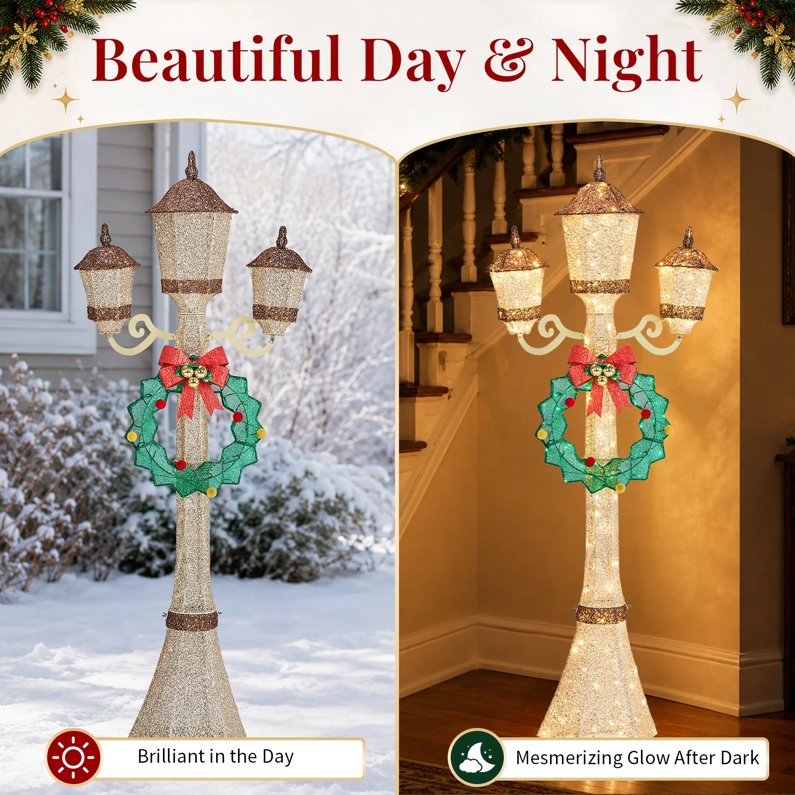 6FT Gold 3-Head Street Lamp with Wreath, 210 Warm White LEDs, Christmas Light Post, US Plug image 6