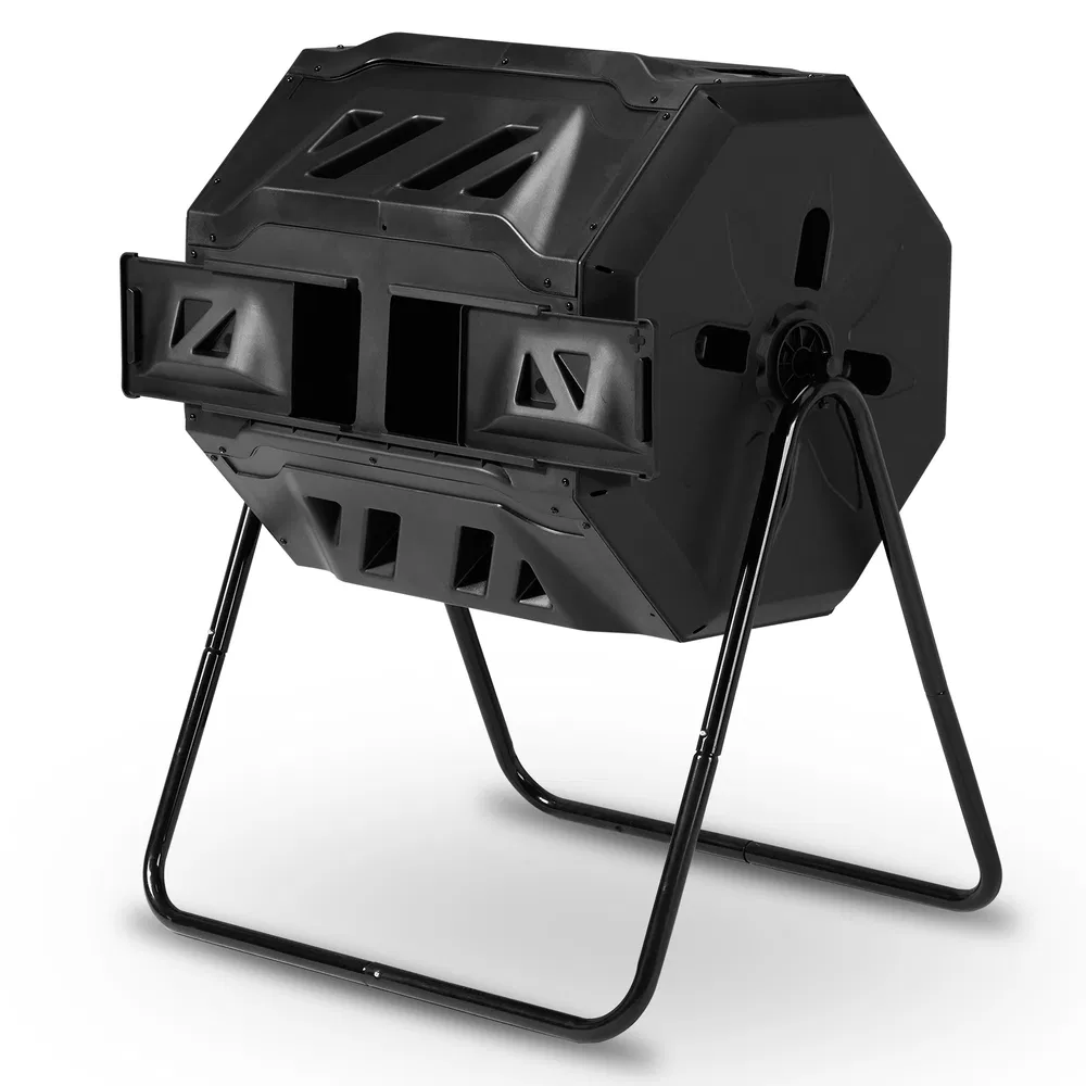 Outdoor Compost Tumbler Dual Chamber, Outdoor Tumbling Composter Dual Rotating Batch Compost Bin, 42…