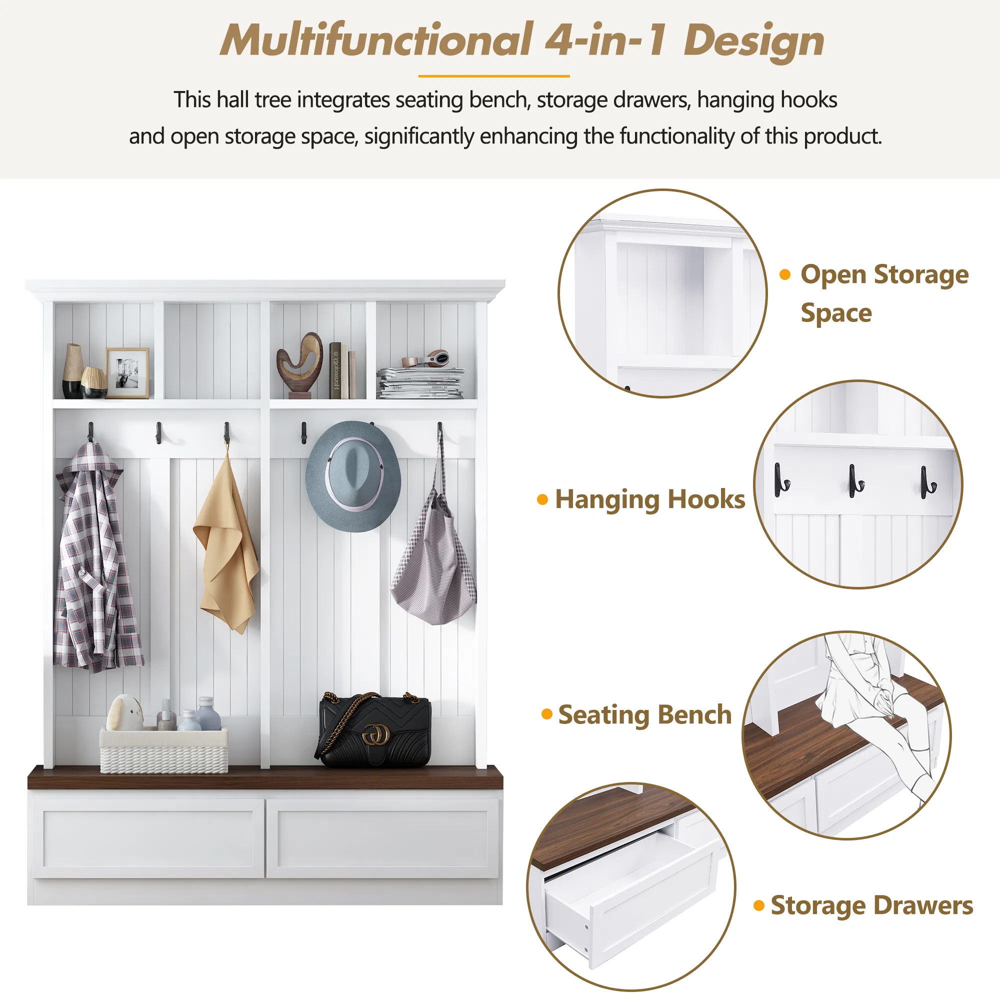 Farmhouse 4-in-1 Hall Tree with Wood Grain Bench, Mudroom Versatile Coat Rack with 2 Large Drawer… image 5