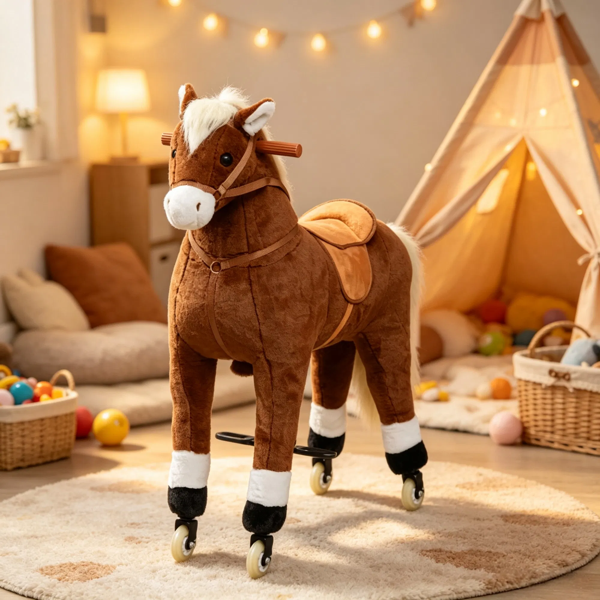 Oversized Kids Ride-On Walking Horse: Smooth Rolling Wheels, Soft Plush Huggable Body for Children 5 to 16 Years