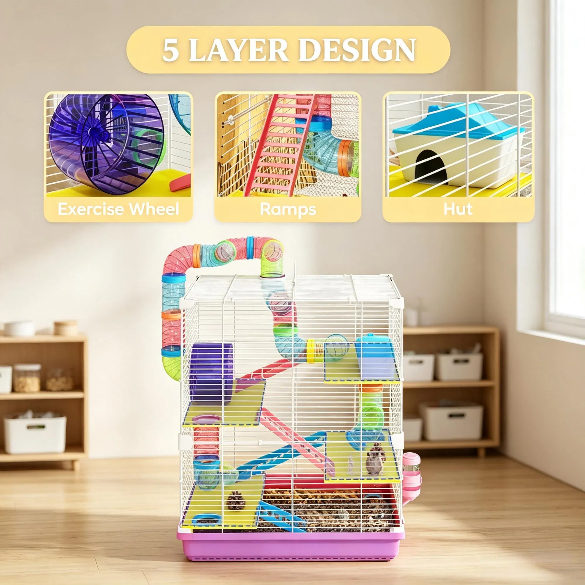 Pink 5-Tier Portable Hamster Cage for Short Trip Outing, Small Animal Travel Carrier with Tunnel Tubes — image 1
