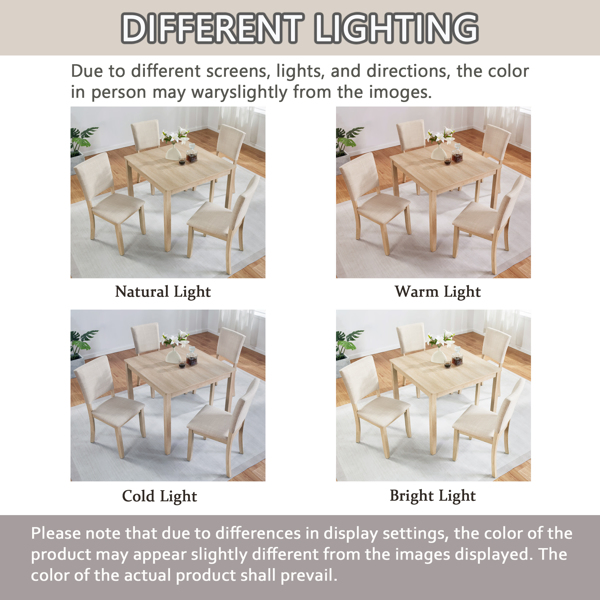 Modern 4 Person Dining Table Set with 4 Chairs, Dining Table Set for 4 People, 5-piece Wooden Dining Table Set for Living Room, Kitchen and Dining Room, Liaght Oak + Beige -16