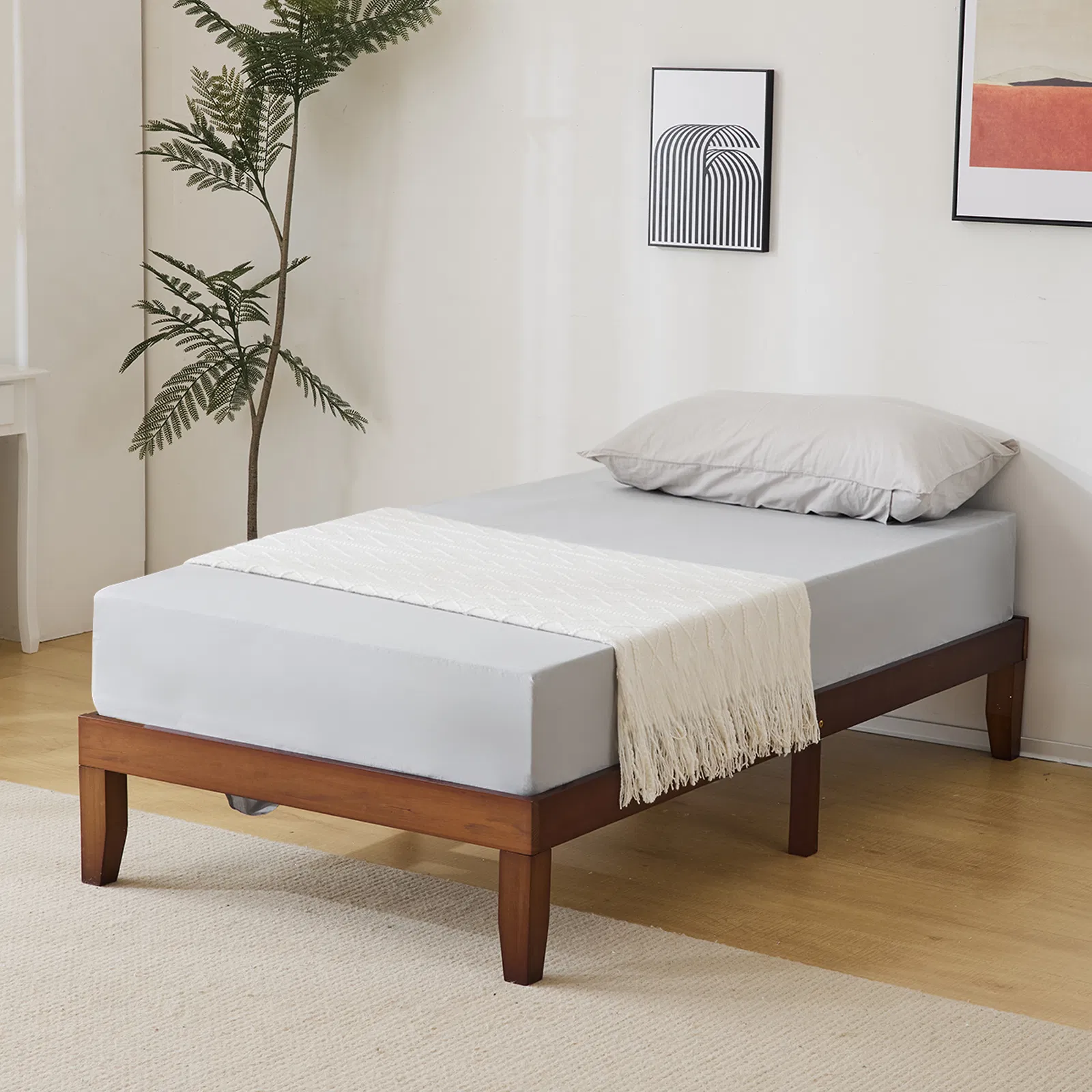 Twin Basic Bed Frame Pine Wood Painted Surface Bed Single Bed 74.41*37.99*12in Coffee image 7