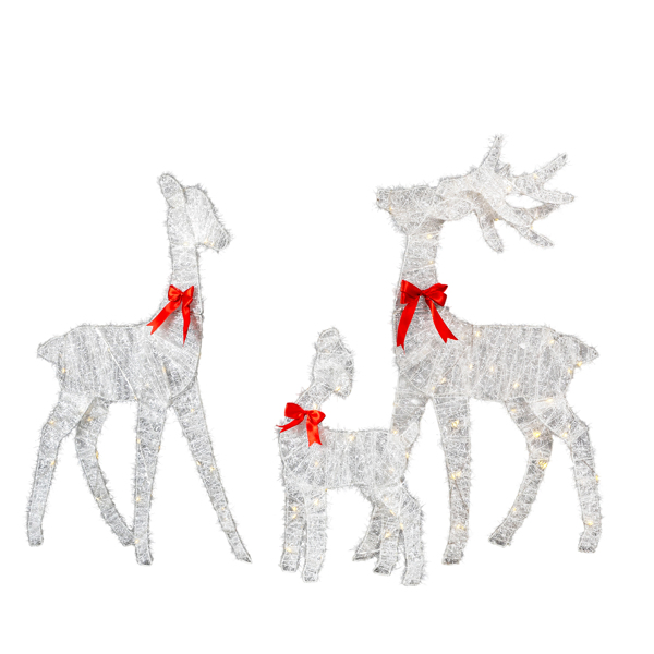 3-Piece Lighted Tinsel Christmas Reindeer Family Set Outdoor Decorations, Weather Proof Deer Family Set of 3 Christmas Ornament Home Decor Pre-lit 110 LED Warm White Lights, 2.4FT, White-30