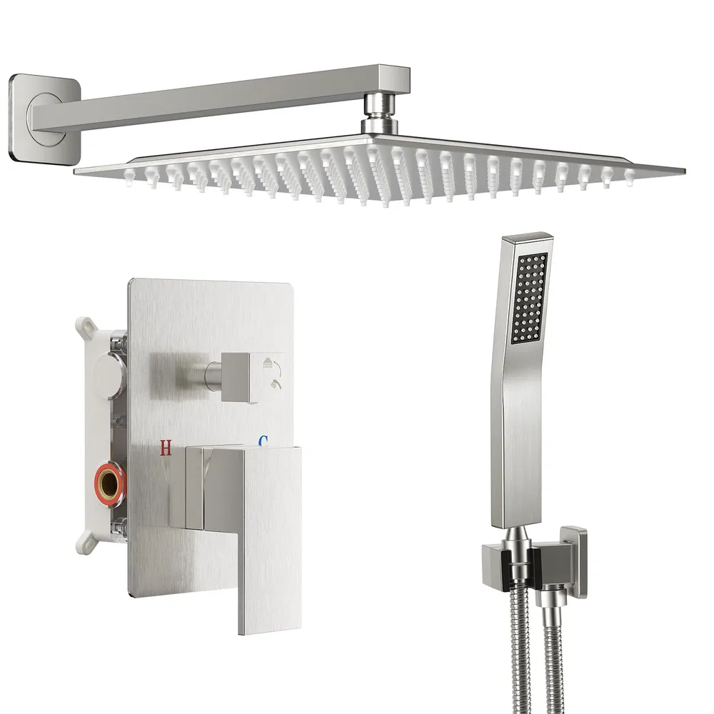 Wall-mounted shower faucet set - 10-12inch square overhead spray + handheld shower head with pressure balance and temperature control valve image 7
