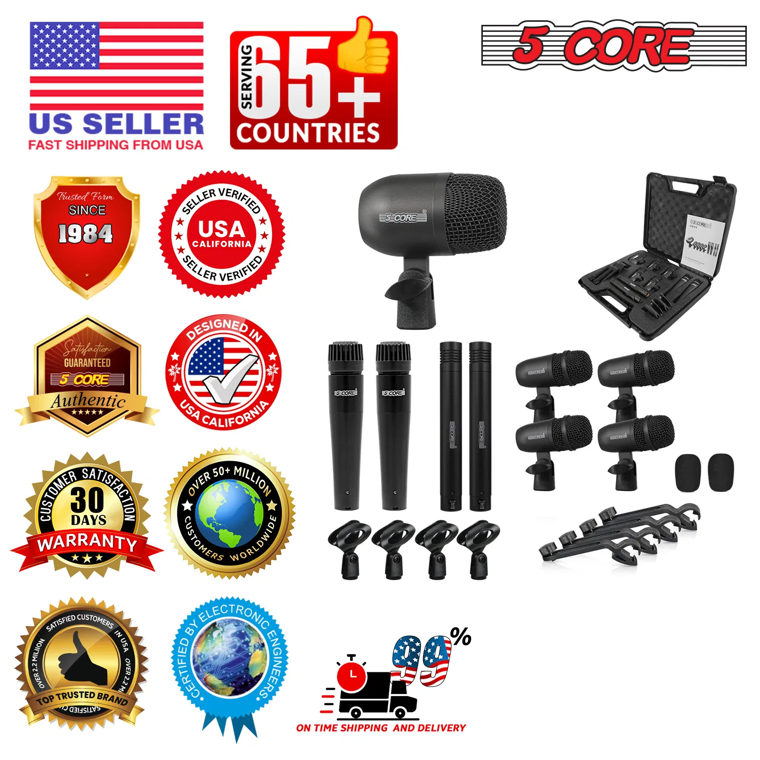 5 Core Drum Microphone Kit 9Pc All Metal Drummer Mics Tom/Snare & Cymbals Wired Instrument Drums Set image 16
