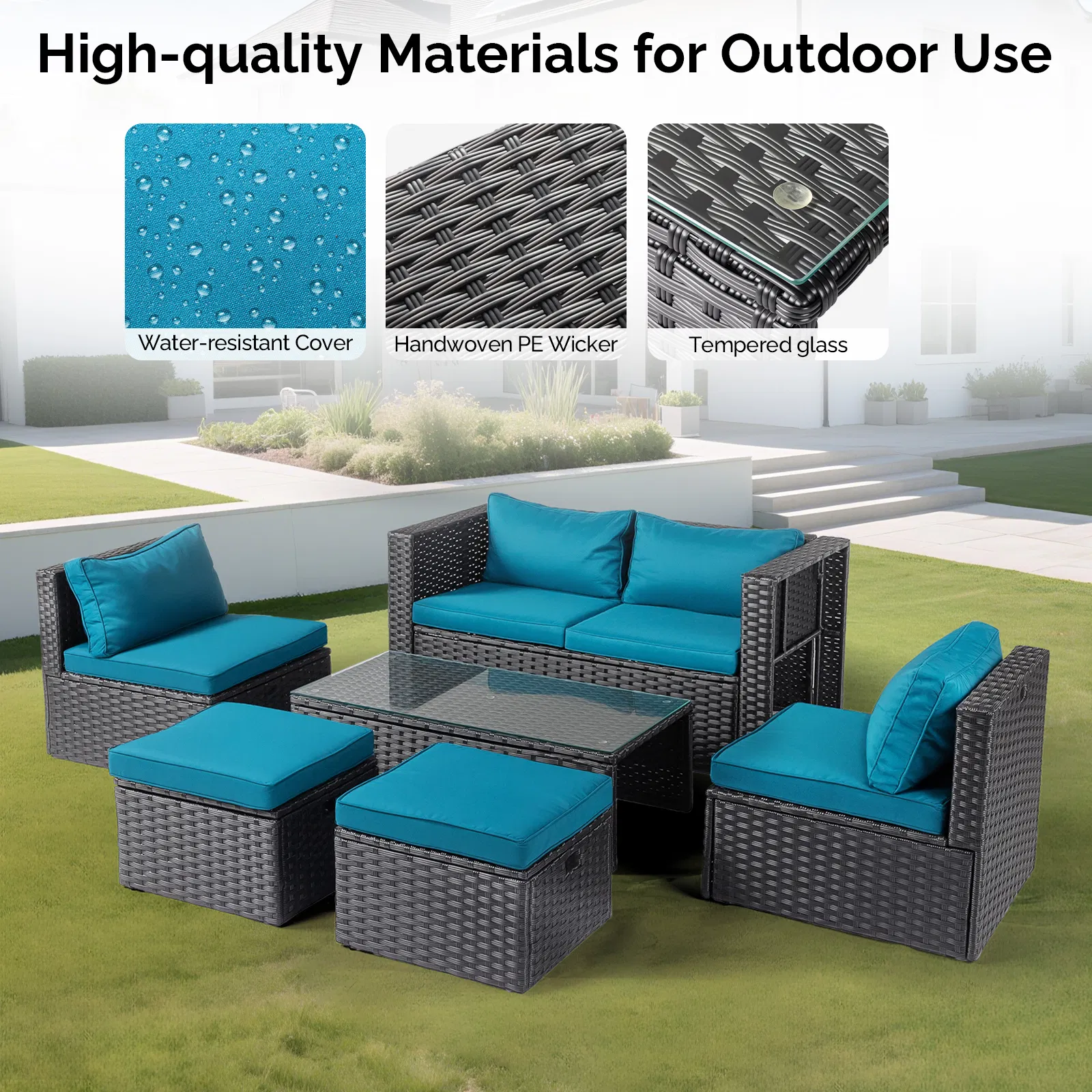 2pcs armless sofa + 2pcs footstool + 1pcs double sofa + 1pcs coffee table with storage black rattan and peacock green cushions, rattan multi-piece set image 6