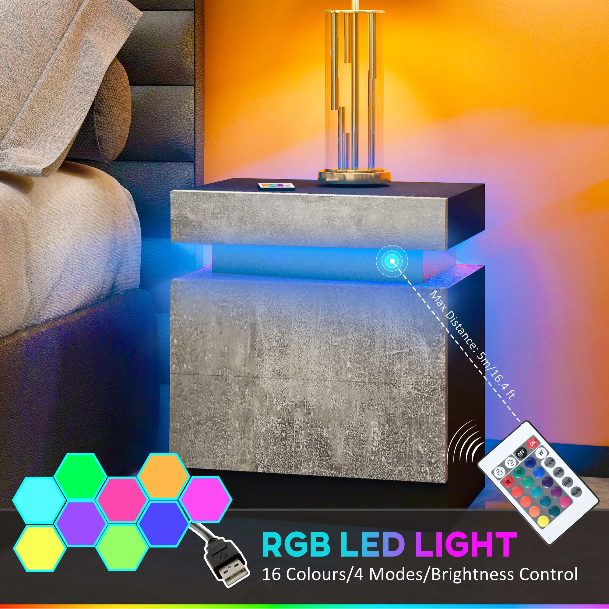 Nightstand with LED Lights and Drawers, picture 3 of 5