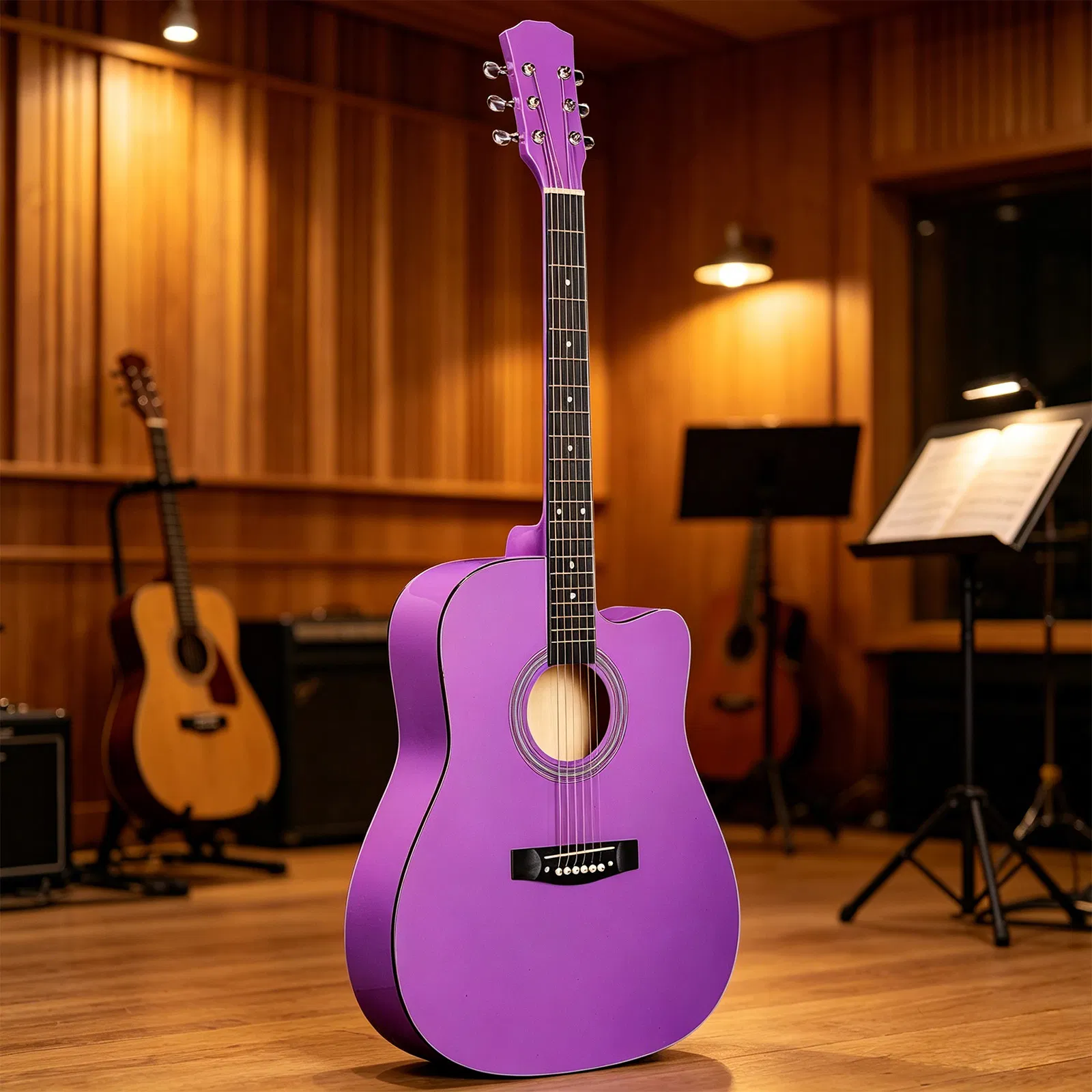 Purple 41-inch Dreadnought barrel-shaped cutaway acoustic guitar with pick, strings, capo, gig bag… image 11