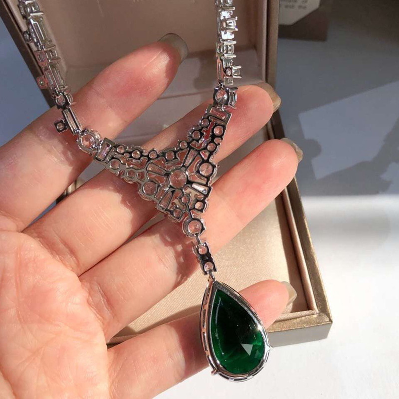 Silver Gold-plated Moissan Diamond Pendant Natural Emerald Necklace — foto 4