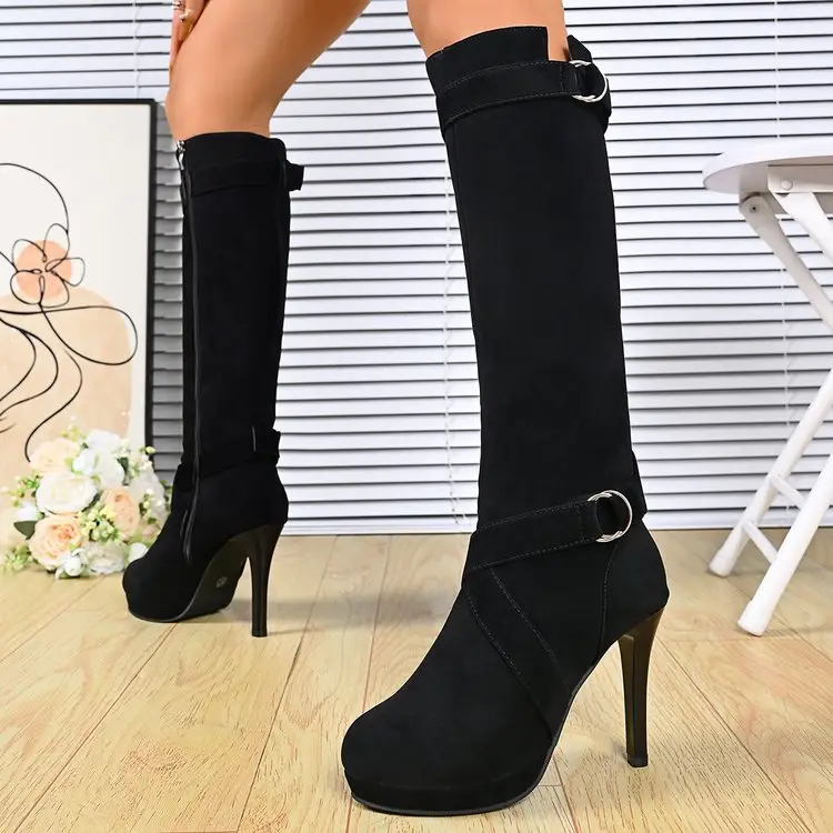 HighHeel Suede Midcalf Boots, Belt Buckle Foreign