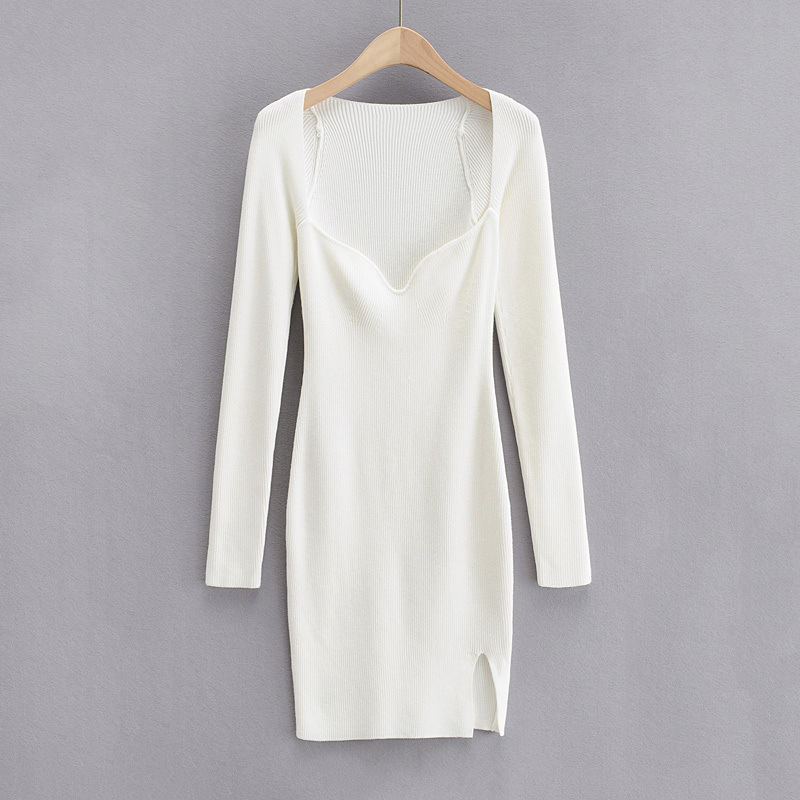 Women's Solid Color Slim Fit V-Neck Show Chest Pit Strip Long Sleeve Side Slit Pack Hip Dress