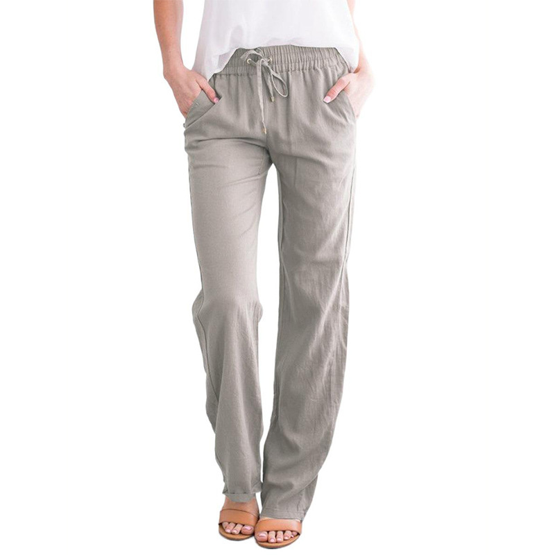 Solid Color Cotton Linen Drawstring Loose Casual Wide Leg Trousers Light Grey - Shop at LoveMi