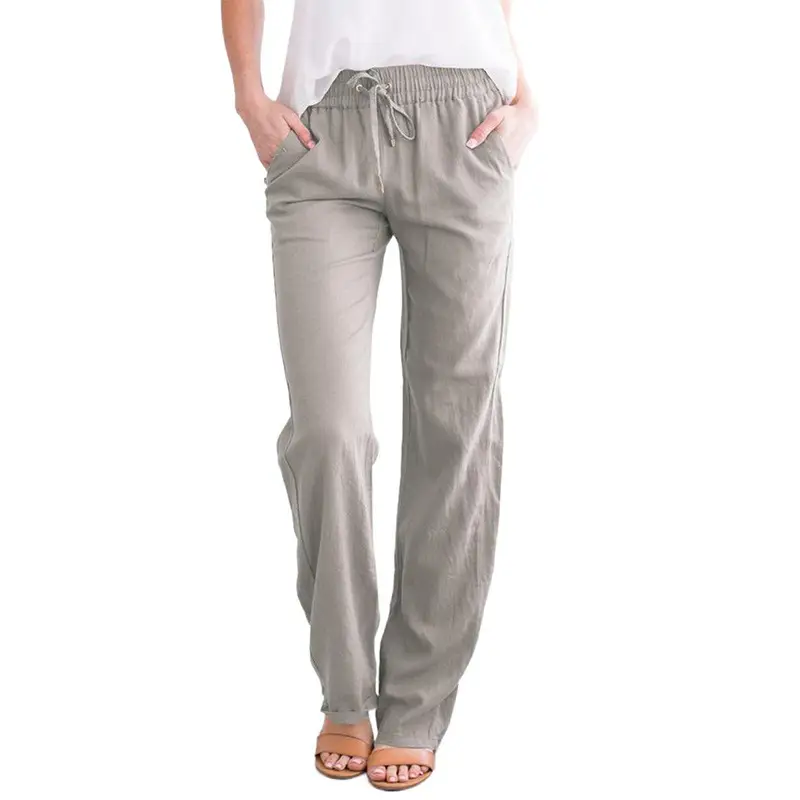 Solid Color Cotton Linen Drawstring Loose Casual Wide Leg Trousers